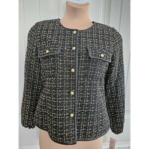 Nanette Lepore Black And Gold Tweed Blazer Faux Leather Piping Size 14 Jacket